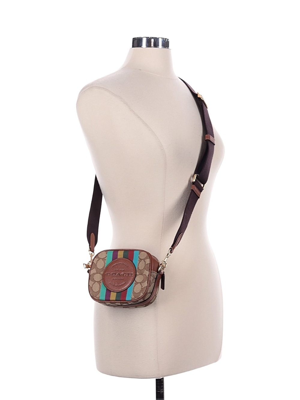 Coach Dempsey mini camera crossbody bag with rainbow stripes hangtag